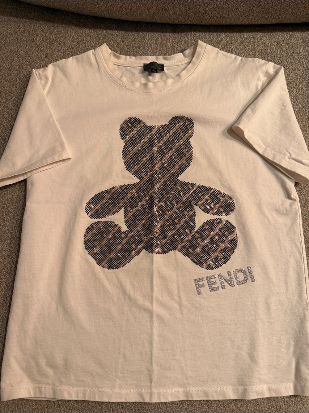 Fendi Cream Kids Short Sleeve Tee with Brown Logo Bear